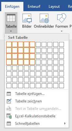 Bildschirmfoto MS Word: ausgeklapptes Menü zur Schaltfläche 'Tabelle' mit markierten 5 Spalten und 4 Zeilen  in der Schnelleingabe