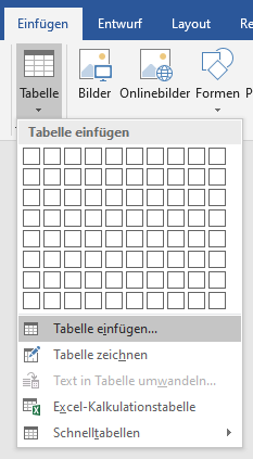 Bildschirmfoto MS Word: ausgeklapptes Menü zur Schaltfläche 'Tabelle' mit Menüoption 'Tabelle einfügen...'