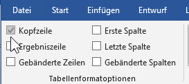 Bildschirmfoto MS Word mit Tabellenformatoptionen, ausgewählt 'Kopfzeile'