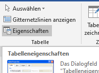 Bildschirmfoto MS Word: Befehl 'Eigenschaften ' in der Gruppe 'Tabelle' der  Reiterkarte 'Layout'