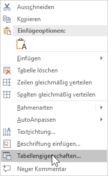 Bildschirmfoto MS Word: Kontextmenü zu markierter Tabelle mit Menüoption 'Tabelleneigenschaften...'