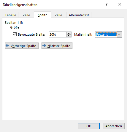 Bildschirmfoto MS Word: Dialogfenster 'Tabelleneigenschaften' mit Reiter 'Spalte' und ausgewählter Maßeinheit 'Prozent'