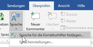 Bildschirmfoto: Menüoption 'Sprache für Korrekturhilfen festlegen...' zur Schaltfläche 'Sprache' im Menüband 'Überprüfen'