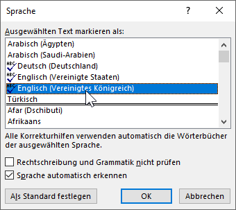 Bildschirmfoto: Dialogfenster Sprache, ausgewählt: 'Englisch (Vereinigtes Königreich)'