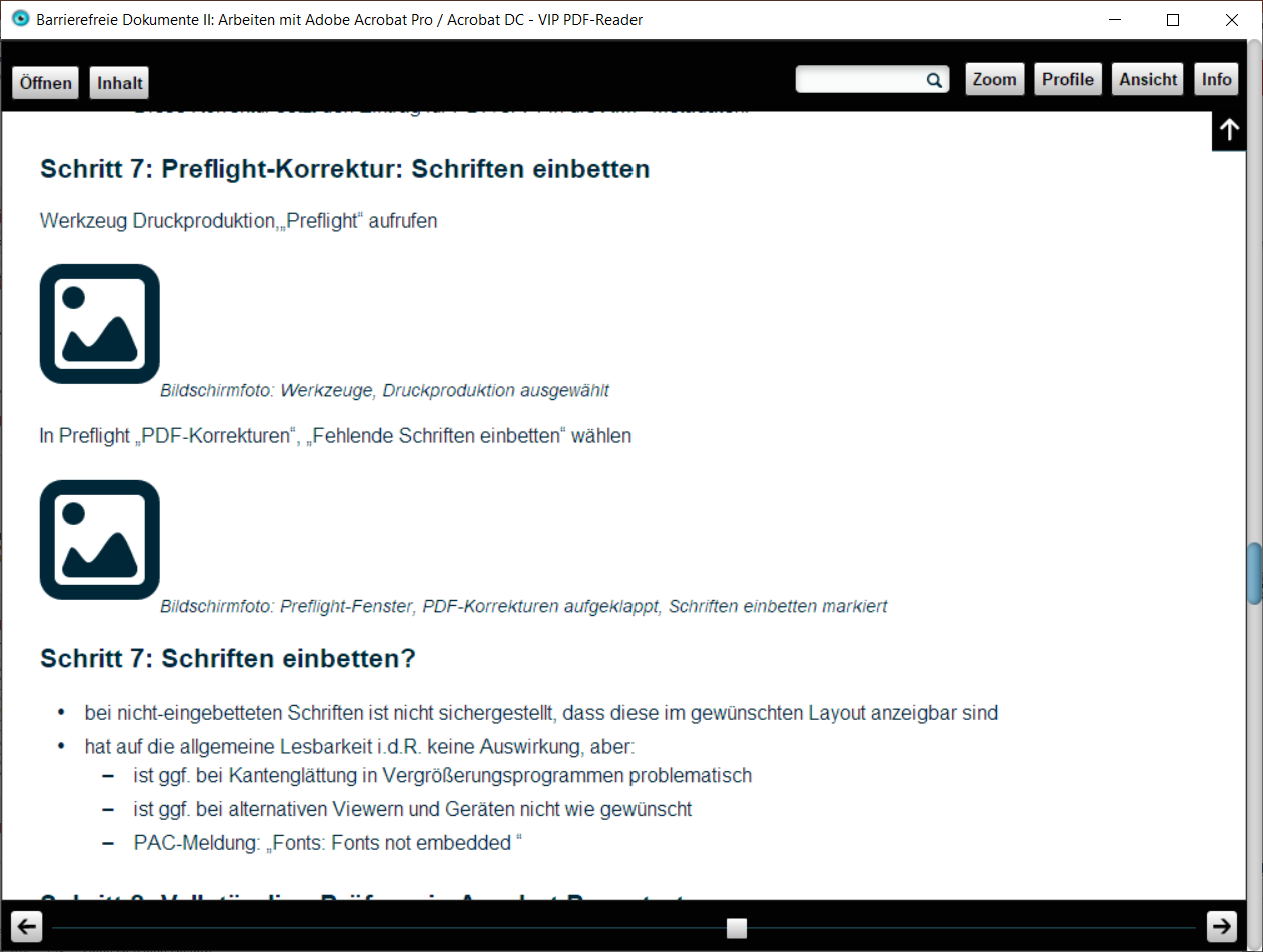 Ausgabe-Fenster eines Vorleseprogramms für PDF-Dokumente bei zugänglichem PDF